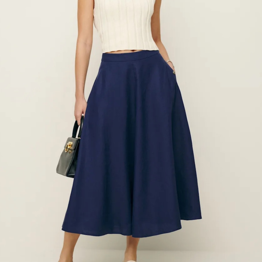 Reformation Linen Navy Blue Midi Skirt